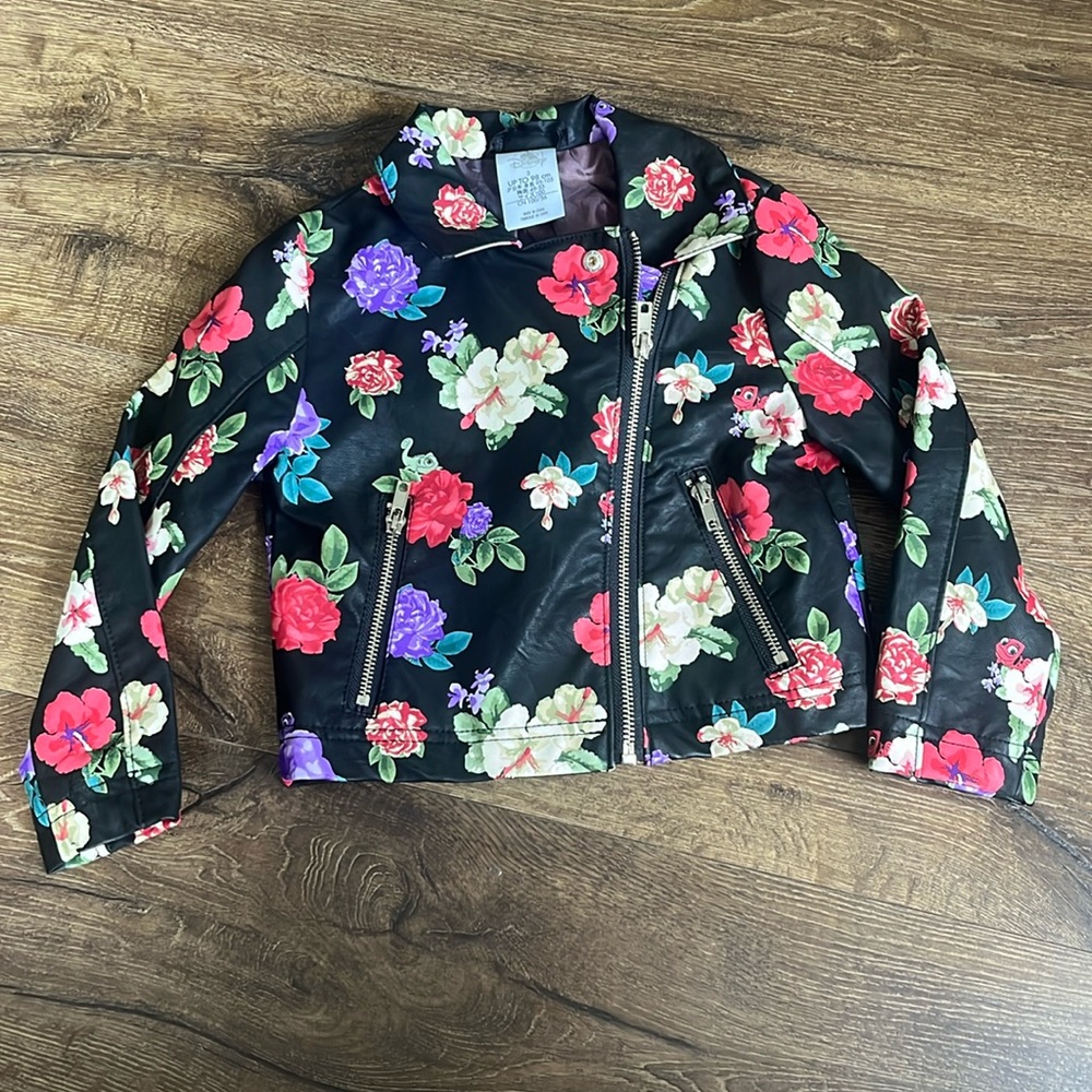 Disney Store Rapunzel Tangled Faux Leather Jacket Size 3 Flowers Black Moto